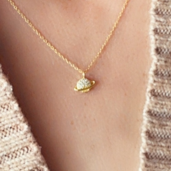 14k Gold Dainty Saturn Necklace - Picture 10 of 10